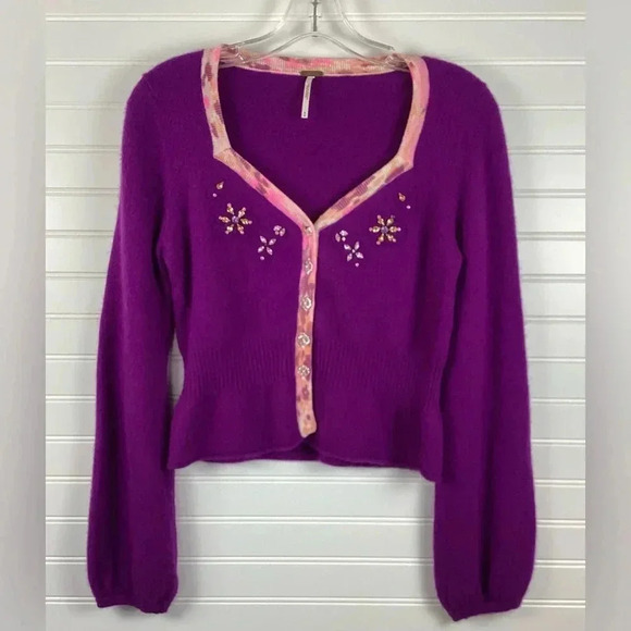 Free People Sweater Cardigan Medium Purple Wool Blend Rhinestone Embellished - Picture 9 of 10
